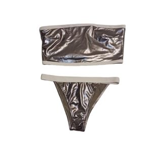 Bandeau 2 pc Swimsuit Bikini Size XL Silver Metalic